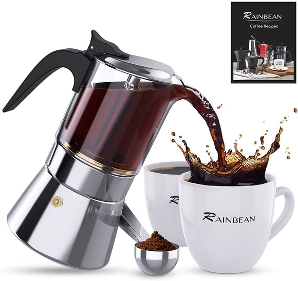 RAINBEAN Italian Expresso Maker, Moka Pot, Stovetop Coffee Makers, Stainless Steel Coffee Maker, Suitable for Induction Hob, 300ml/8.5oz/6 cup (espresso cup=50ml)